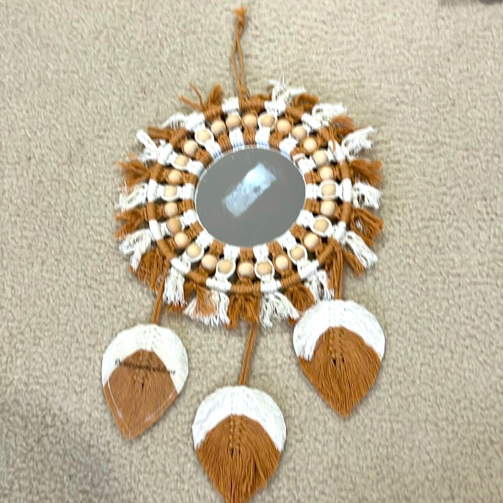 Bohemian Macrame Beaded Brown & White Round Mirror Wall Hanging
